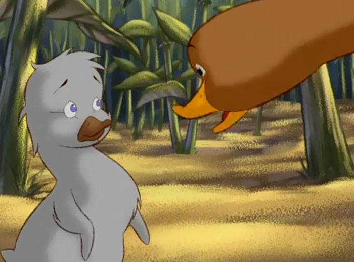 Animated duckling appears worried in a forest scene, illustrating a wholesome yet disturbing backstory.