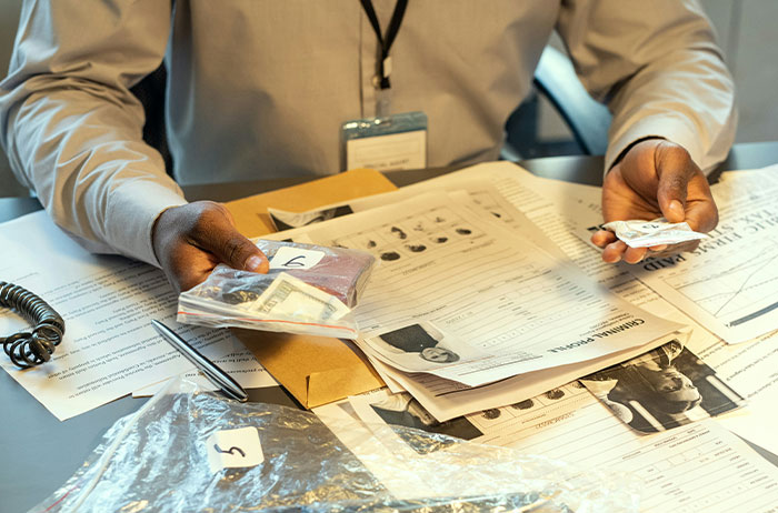 A person examining documents and evidence related to unexpected family secrets revealed by online DNA tests.