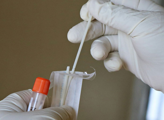 Gloved hands holding an online DNA test kit with a swab, highlighting unexpected family secrets.