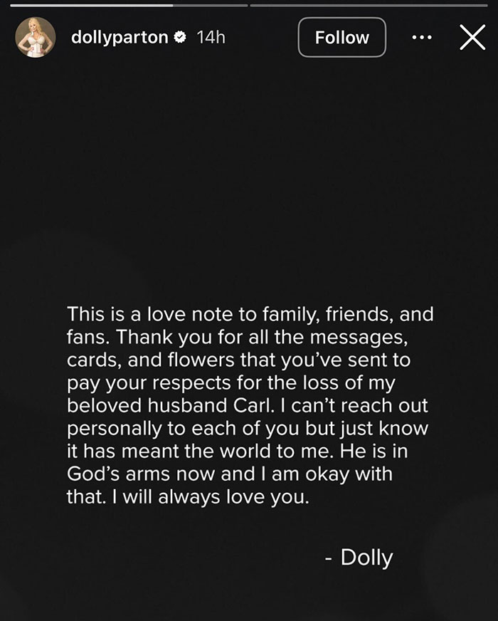 Dolly Parton's heartfelt message about her late husband Carl Dean, expressing gratitude for the support received.