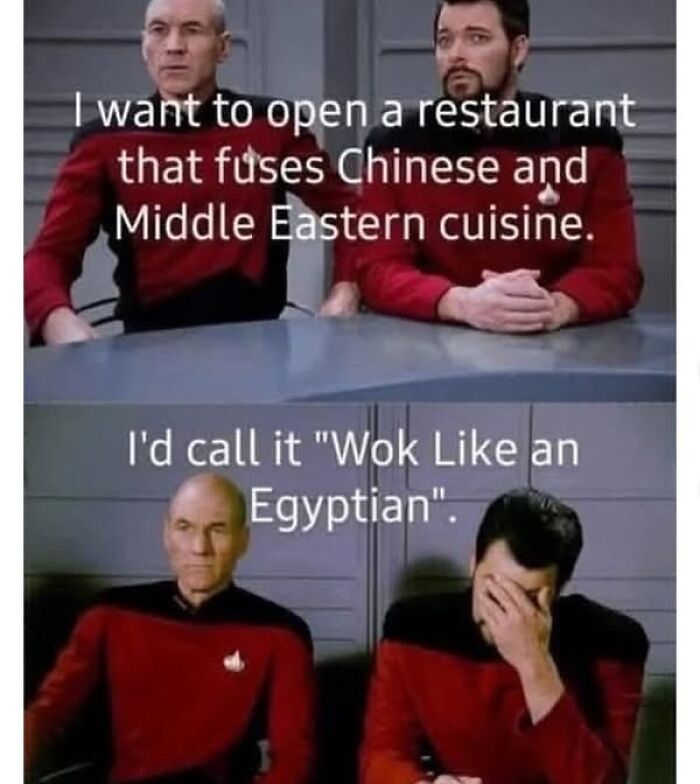 Two people in a humorous food-related meme about a fusion restaurant named "Wok Like an Egyptian."