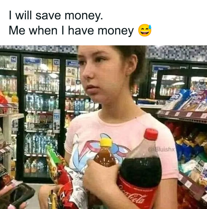 Woman holding snacks and drinks in a store, illustrating a humorous food-related meme.