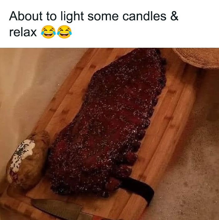 Food-related meme: A rack of ribs on a wooden board, humorously captioned with "About to light some candles & relax 😂😂".