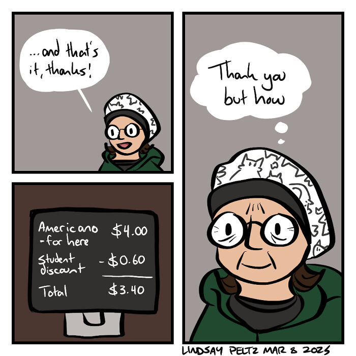 Comic of student realizing unexpected coffee discount.