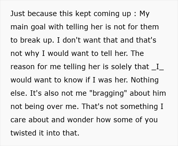 Text message about informing an ex-girlfriend for personal reasons, not to disrupt her relationship.