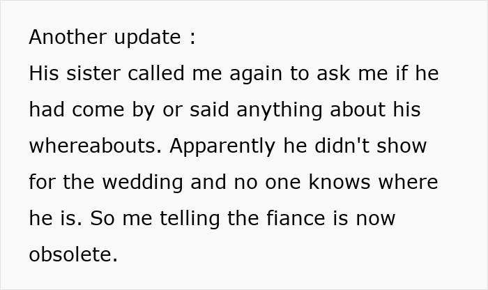 Text update about a vanished drunk man who missed his wedding, with his sister asking about his whereabouts.