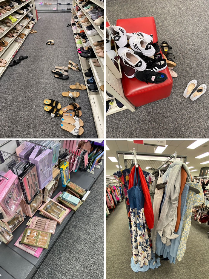 Messy store with scattered shoes, disorganized makeup, and mixed clothes on racks showcasing customer cluelessness.