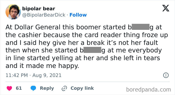 A tweet describing an incident at Dollar General highlighting customer cluelessness and ensuing confrontation.