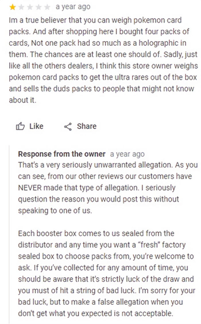 Customer review claiming Pokémon card weighing, with owner’s response denying the allegation, showcasing customer cluelessness.