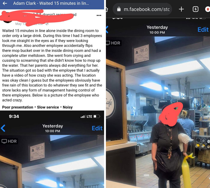Social media post about frustrating customer service experience with photo of an employee in a dining area.