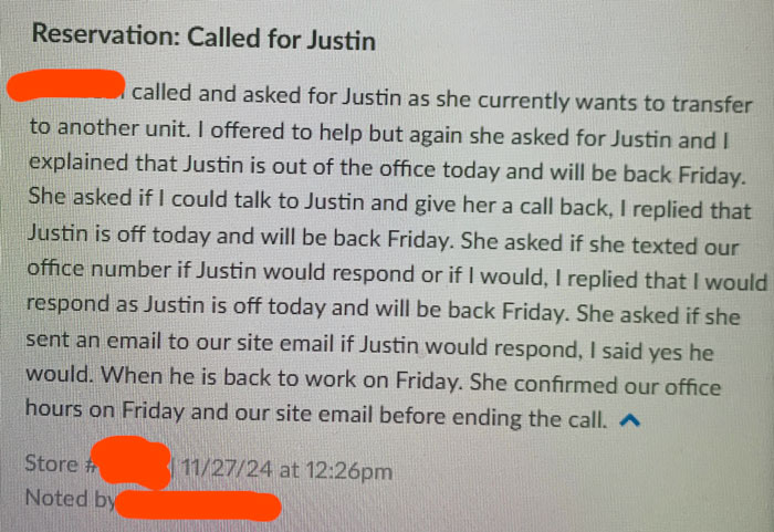 "Text exchange highlighting customer cluelessness in repeatedly asking for Justin despite being told he's unavailable till Friday."
