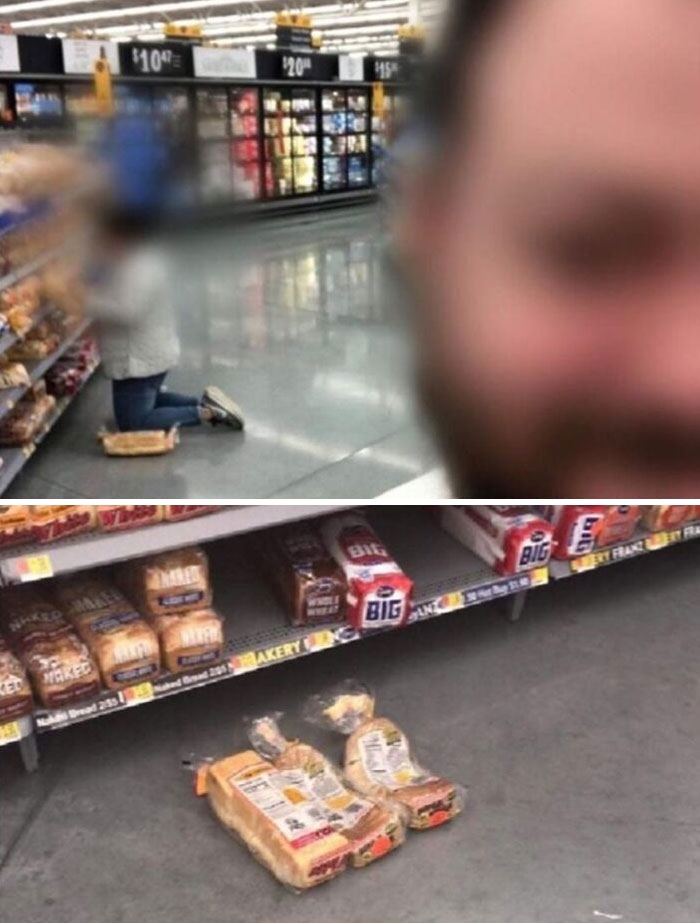 Person kneeling on bread in a grocery aisle, displaying customer cluelessness.