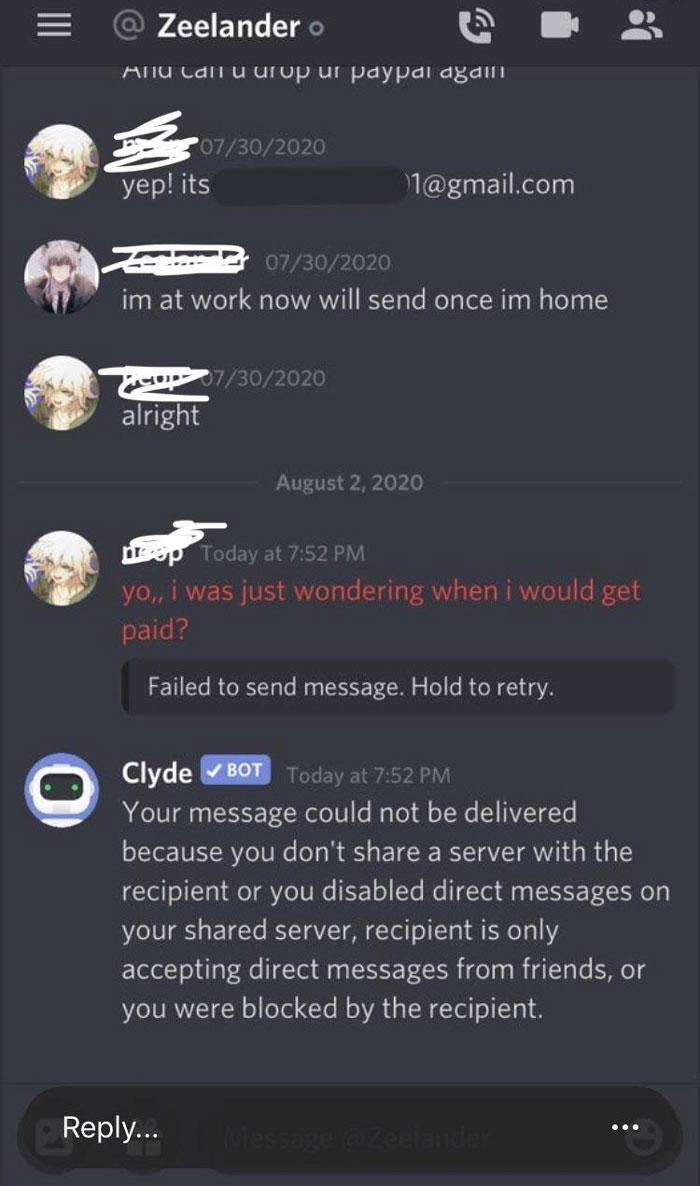Discord chat showing a message failure and bot notification about inability to deliver due to customer cluelessness.