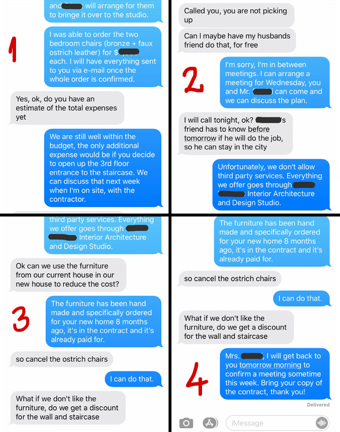Text exchange showcasing customer cluelessness in discussing furniture orders and service terms.