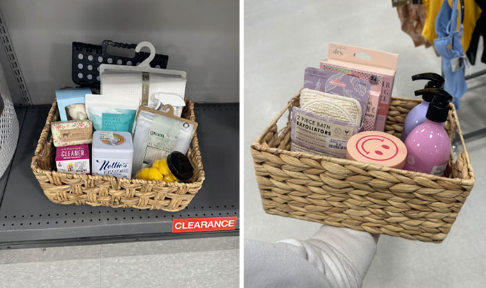 Clearance basket with assorted toiletries showcasing customer cluelessness in a retail setting.