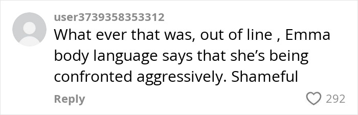 Social media comment discussing Emma Stone's "aggressive" exchange and body language interpretation. Social media comment discussing Emma Stone's "aggressive" exchange and body language interpretation.