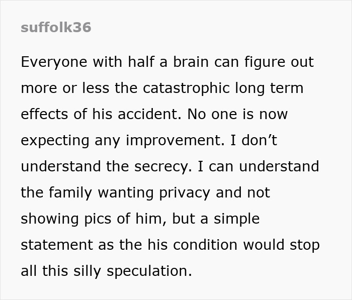 User comment discussing Michael Schumacher's condition, highlighting lack of updates and family's privacy.