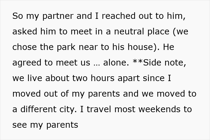 Text discussing a meeting arrangement at a park, emphasizing distance from parents.