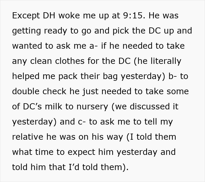 Text description of a frustrated mom of 3 woken by her husband asking repetitive questions.