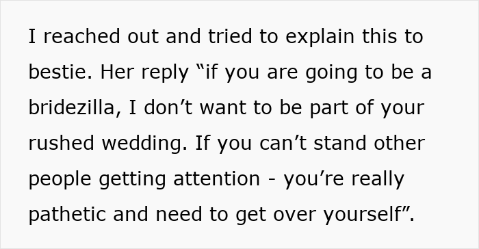 Text conversation about best friend wanting to get engaged at wedding, calling bride "pathetic" for refusing.