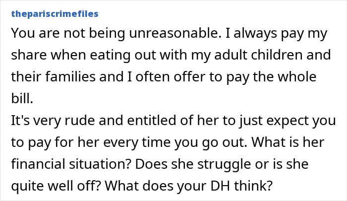 MIL's wallet absence discussed; always expects others to pay the bill, raising financial concerns. MIL's wallet absence discussed; always expects others to pay the bill, raising financial concerns.