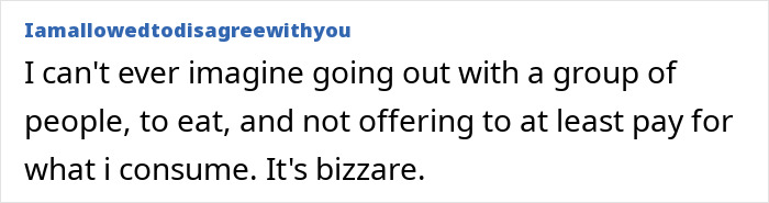 Comment discussing the etiquette of paying for one's meal at social gatherings. Comment discussing the etiquette of paying for one's meal at social gatherings.