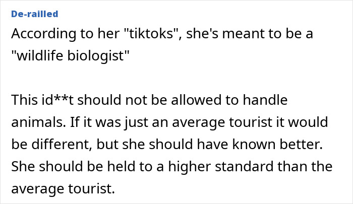 Text criticizes an American tourist, claiming to be a wildlife biologist, for mishandling a wombat in Australia. Text criticizes an American tourist, claiming to be a wildlife biologist, for mishandling a wombat in Australia.