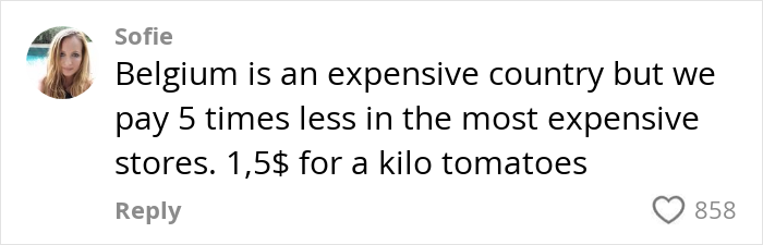 Comment comparing expensive grocery prices in the US to cheaper prices in Belgium, noting 1.5$ per kilo of tomatoes.