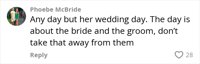 Text comment criticizing a proposal at someone's wedding, emphasizing focus on the bride and groom.