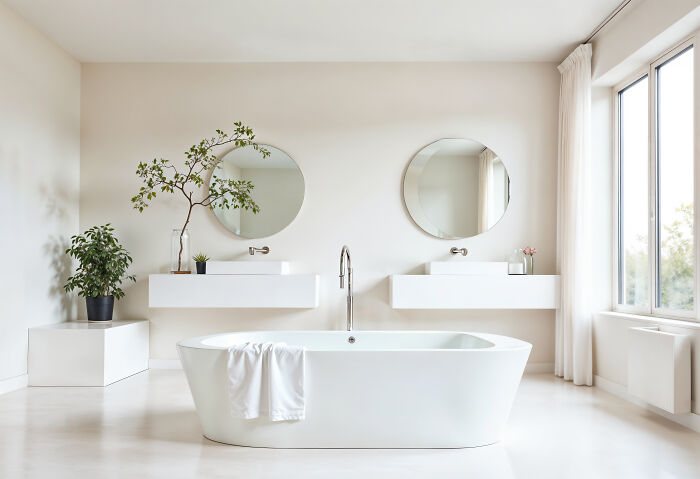 Minimalist bathroom with a freestanding tub, two round mirrors, and potted plant, showcasing interior design trends to avoid.