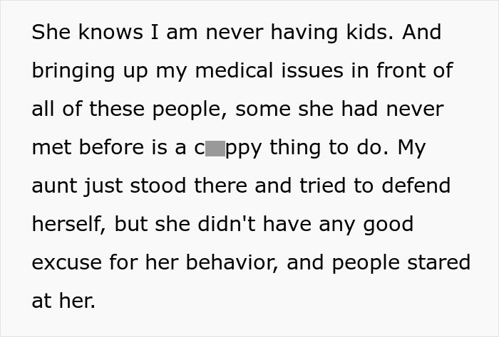 Text about a woman defending her choice not to have kids, confronting an aunt's intrusive questions.
Text about a woman defending her choice not to have kids, confronting an aunt's intrusive questions.