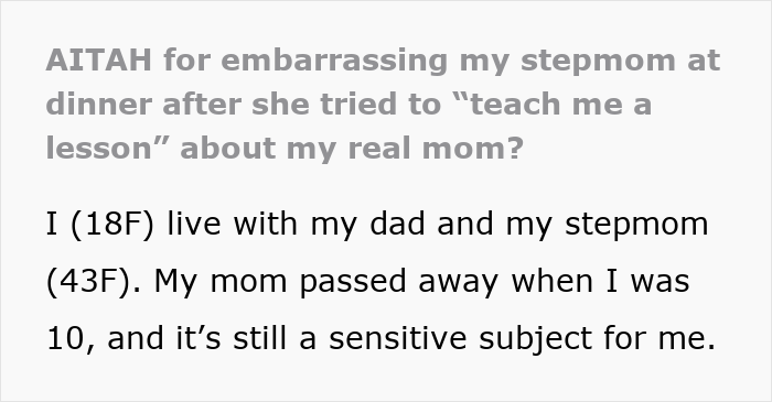 Text discussing a step-mom trying to teach a teen about her real mom and having a reality check.