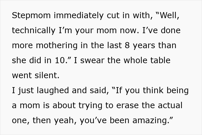 Text exchange between a teen and step-mom about mothering roles, resulting in a reality check.