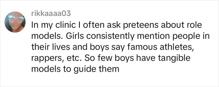 Comment highlights boys' neglect in role models compared to girls, relating to Red Pill Culture. Comment highlights boys' neglect in role models compared to girls, relating to Red Pill Culture.