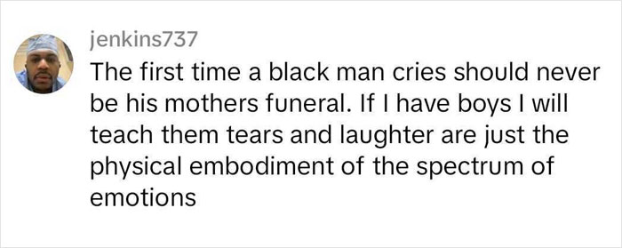 Comment discussing emotional expression in boys, highlighting societal double standards. Comment discussing emotional expression in boys, highlighting societal double standards.