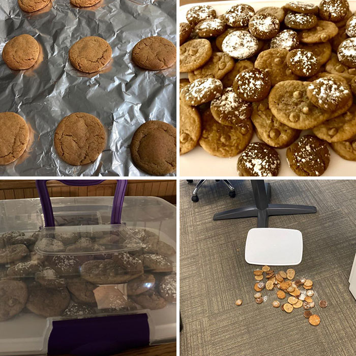 Cookies spilled on the office floor, scattered in containers, illustrating a worst day at work scenario.