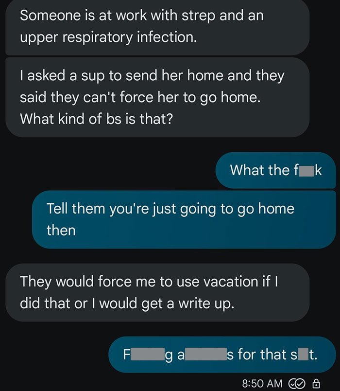 Text conversation about a person sick at work, discussing the worst day scenarios with no option to go home.