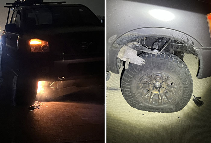SUV breakdown at night with damaged wheel, representing worst day at work scenario.