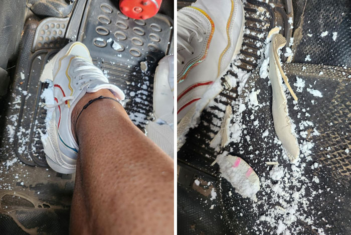 Sneaker mishap at work with torn sole, leaving debris on car floor. Worst work day experience.