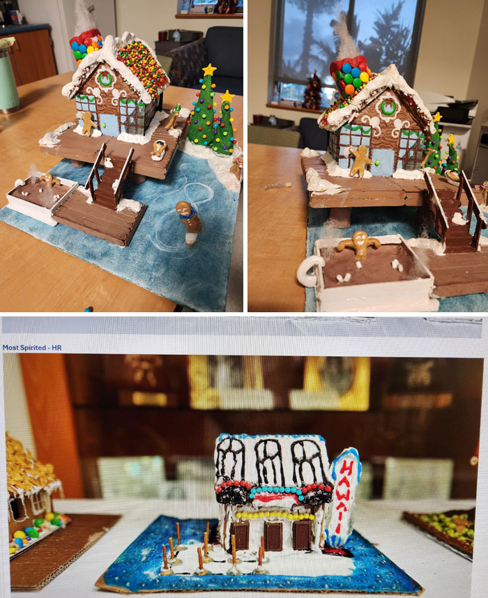 Gingerbread houses with candy decor, resembling a work project failure, displayed on a table.