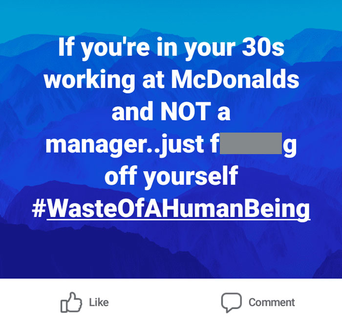 Text over blue background criticizing people in their 30s working at McDonald's, hashtag shames them.