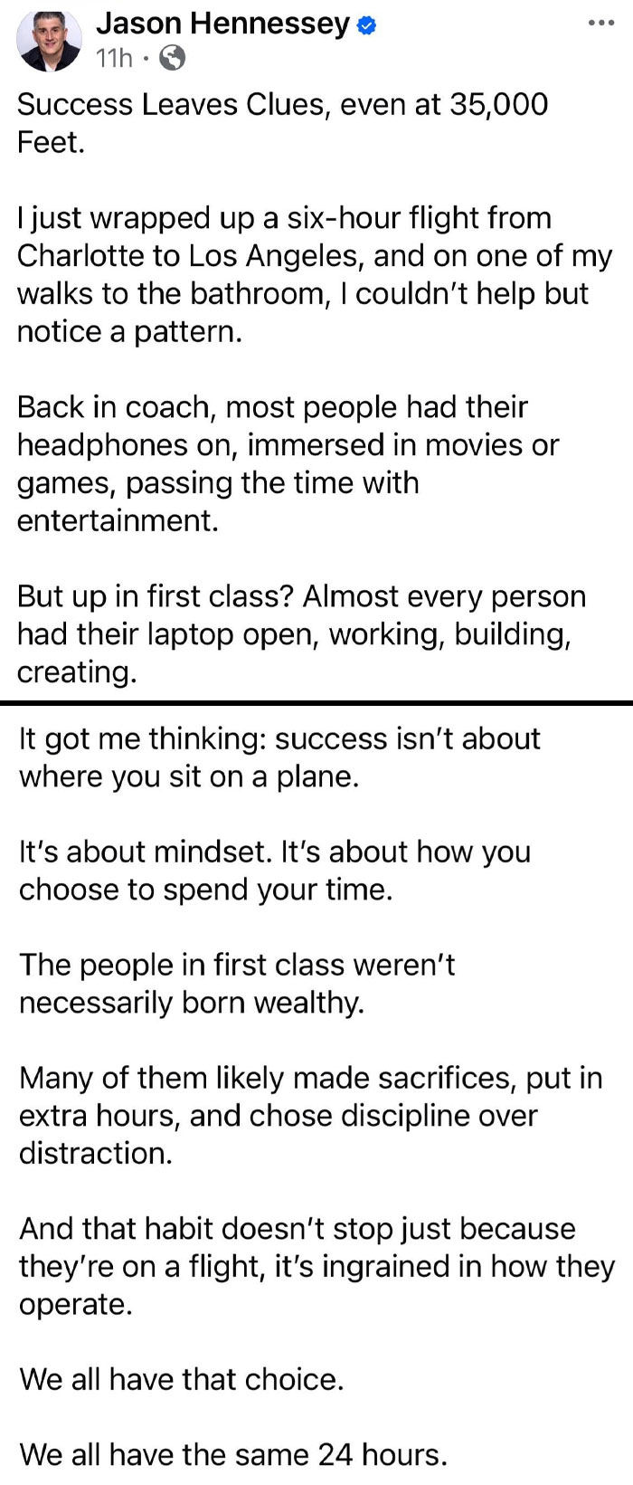 Text-based image discussing differences in behavior between coach and first class, highlighting mindset and success.
