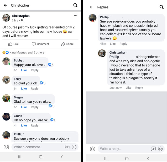 Facebook post discussion about car accident, highlighting how the wrong people have money.