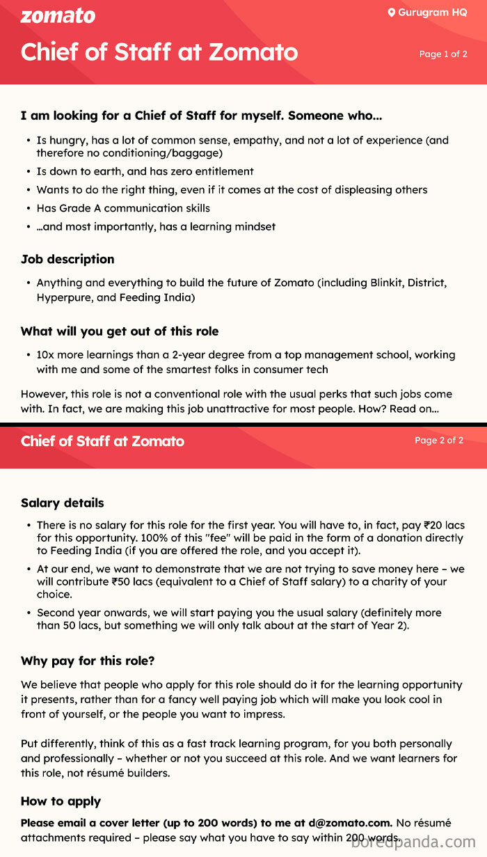Zomato Chief of Staff ad details non-traditional role with no first-year salary, focused on learning opportunities.
