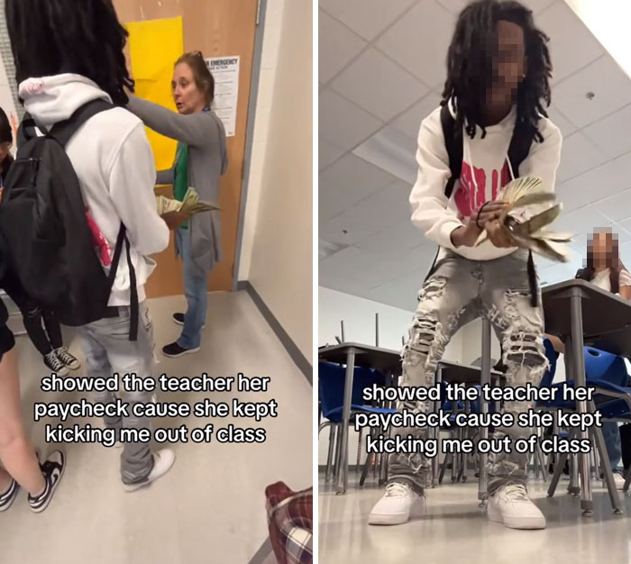 Student flaunting money to teacher after being kicked out of class.