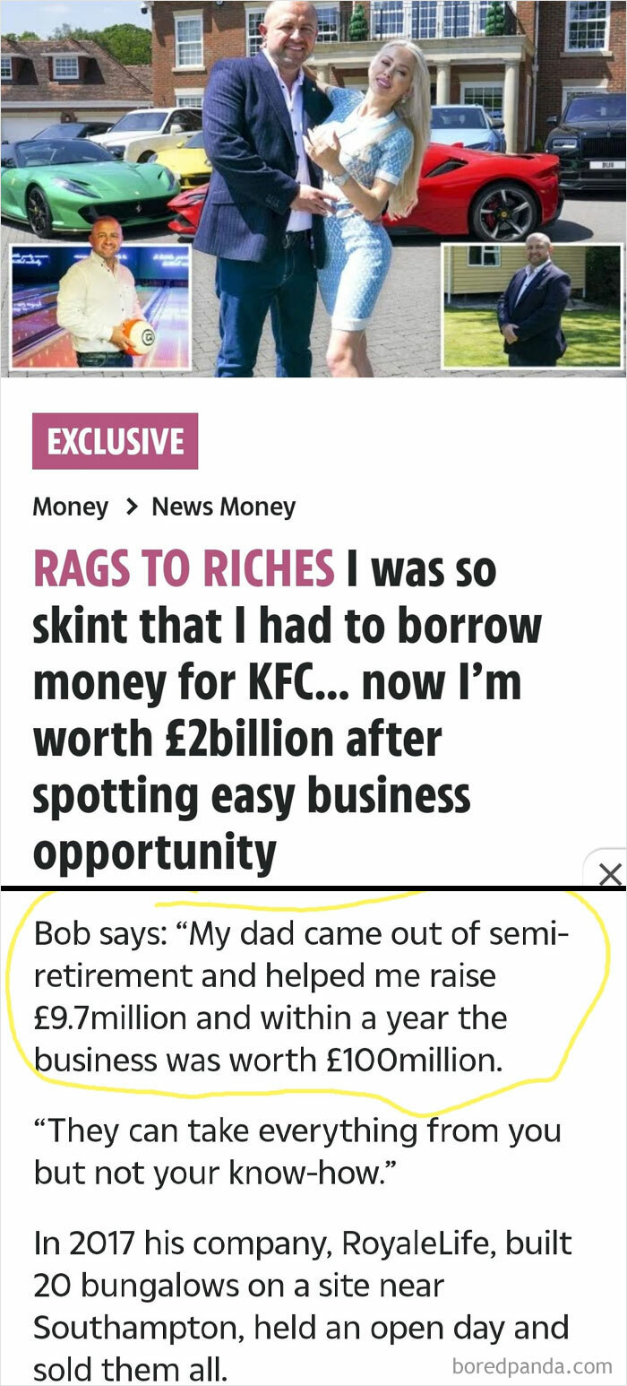 Rich people shamed online; a man in front of a luxury home with supercars, highlighting wealth disparity.