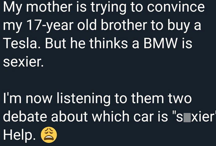 Rich people conversation about buying a Tesla or BMW, highlighting differences in luxury preferences.
