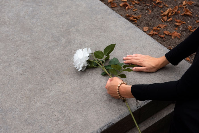 Hands place a white rose on a gray stone surface; a gesture of farewell and remembrance.
