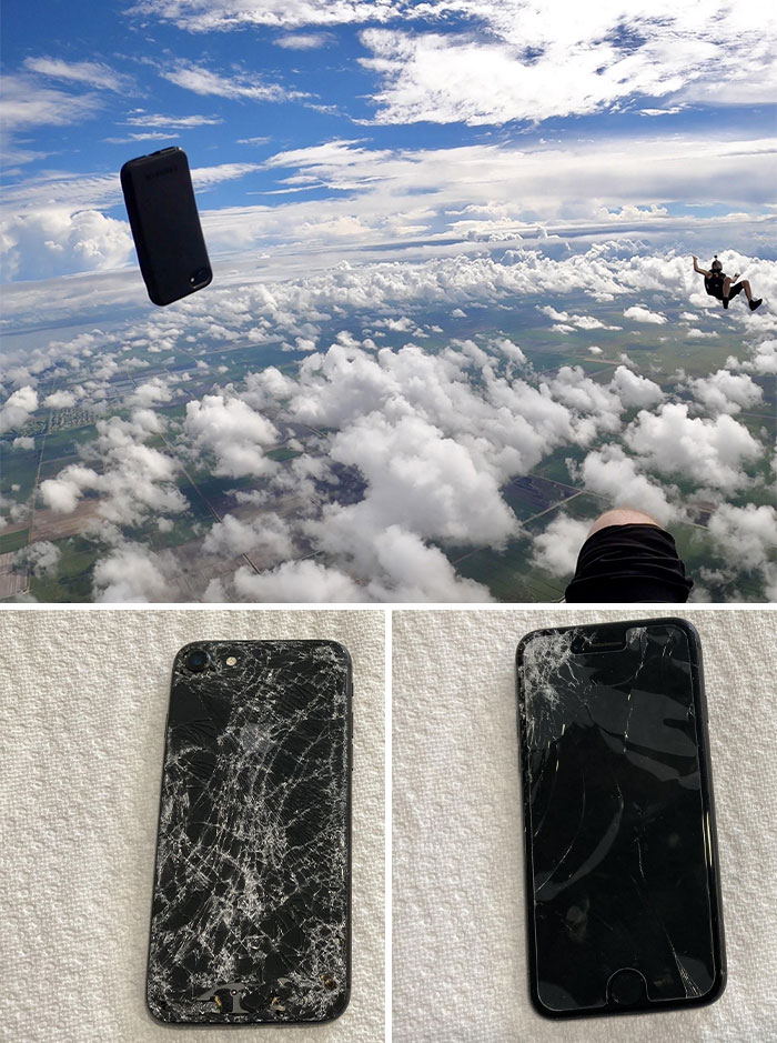 Skydiver drops phone mid-air, resulting in shattered screens after an expensive accident.