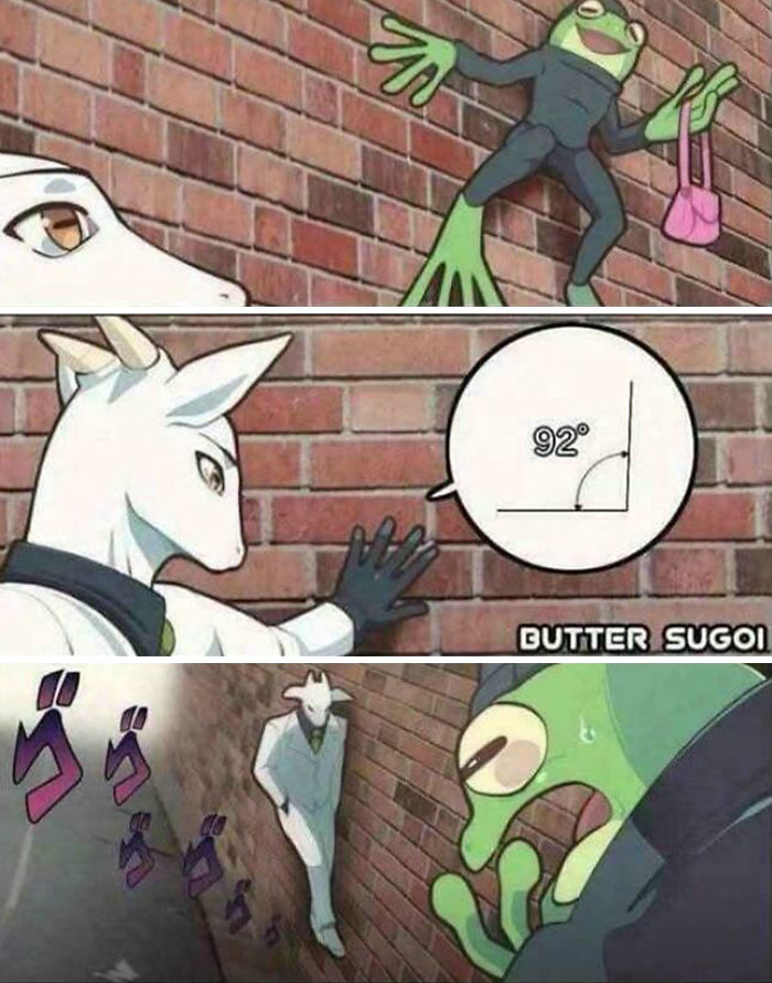 Anime-style frog in suit clinging to brick wall, goat character approaches with diagram of 92-degree angle.